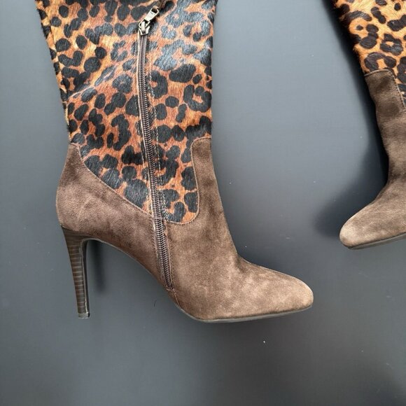 RALPH LAUREN Halina Brown Suede Leather Animal Hair Calf High Boots Heels Size 8 - Picture 5 of 14